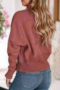 Brushed <b>Fleece</b> <b>Women</b> Pullover with Stand Collar <b>Half</b> <b>Zip</b> Thumb Hole Cuffs Kangaroo Pocket Relaxed Cut Production Standard - Product Image 2