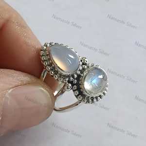 Chalcedony & Rainbow Moonstone Inlaid Sterling Silver Boho <b>Statement</b> <b>Ring</b> Handmade Natural Dual Gemstone Jewelry Gift for Her - Product Image 1