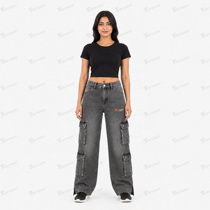 Jeans cargo en denim pour femmes, personnalisés, style vintage délavé, taille haute, coupe ample, jambe large, mode streetwear, vente en gros - Product Image 2