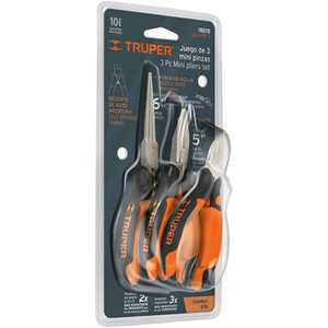Truper 3-Piece Mini <b>Plier</b> <b>Set</b> With Orange Soft Grip Handles, Chrome Vanadium Steel, Needle Nose Design, 5-Inch Jaw Length, Indus - Product Image 1