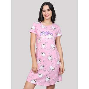 Chemise de nuit courte décontractée Evolve pour femme, 100 % coton, imprimée, tricotée, longueur genou, rose - Product Image 3