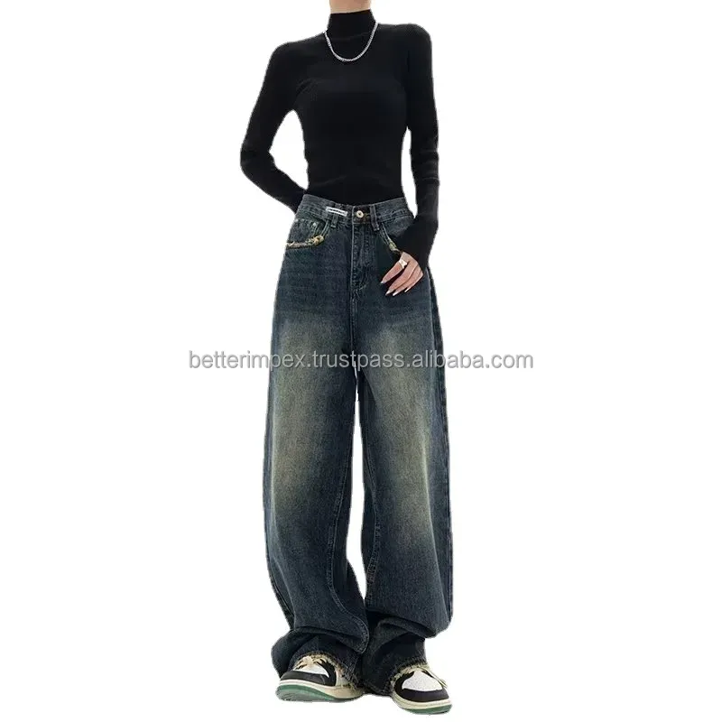 2023 Novos Jeans para As Mulheres de Cintura Alta Reta Solta Street Casual Calças Mulheres Personalizadas Hip Hop largas Calças Perna Larga