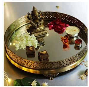 ถาดเสิร์ฟกระจกทองเหลืองสวยพร้อมลวดลายสวยงามถาดรองทองแบบโบราณ