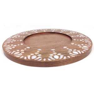 Assiette en bois d'acacia avec incrustation de nacre ronde, plat de service écologique, forme ovale, finition polie, cadeau d'affaires - Art indien - Product Image 4