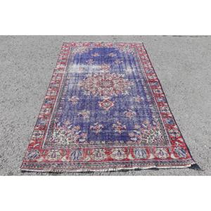 พรมวินเทจตุรกี ขนาด 4.6x7.9 ฟุต พรมลายทางสีน้ำเงินทำจากขนสัตว์ - Product Image 1