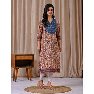 Grey Blue Butta <b>Block</b> <b>Printed</b> Cotton Straight Kurti Casual Day Wear for Women XS Breathable and Natural Waistline ODM Supply - Product Image 5