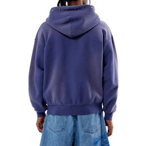 Streetwear Sweat à capuche zippé avec logo personnalisé clouté en métal Stone Washed Faded Sweats à capuche surdimensionnés en polaire lourde pour hommes - Product Image 2