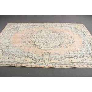 Vintage Turkish Rug, 5.8x9 ft Rug, Green <b>Yellow</b> Solid <b>Wool</b> Rug - Product Image 2