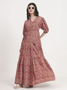 Coral Pink Floral Print Maxi <b>Dress</b> with V-Neck and 3/4 Puff Sleeves Tiered Design Dropped Waist Ball Gown for Casual Summer Use - Product Image 6