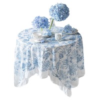Nappe ronde à volants avec imprimé floral bleu, motif botanique, pour mariage, réception, salle à manger, vente en gros