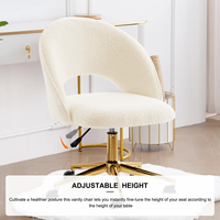 Chaise de courtoisie moderne pivotante en tissu Teddy à hauteur réglable avec dossier incurvé et base en métal doré et roulettes pour le maquillage de la chambre à coucher