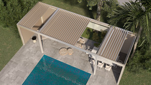 Pergola extérieure moderne en aluminium thermolaqué avec toit à lames orientables et écran en bois pour piscine, jardin, patio, hôtel, abri d'ombrage - Product Image 2