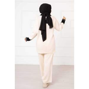 Noeud détaillé 2 pièces écru ensemble col asymétrique tissé été décontracté hauts et shorts tailles XS à XL - Product Image 3