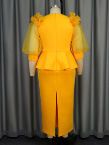 AM040939 Abito da Sera <span class=keywords><strong>Lungo</strong></span> <span class=keywords><strong>con</strong></span> Collo a O, Maniche a Lanterna in Tulle, Peplum e Cintura - Product Image 6