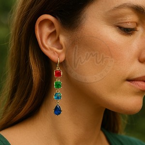 Élégant rubis émeraude Hydro Quartz saphir boucle d'oreille 18K plaqué or 925 bijoux en argent sterling faits à la main pour les femmes - Product Image 3