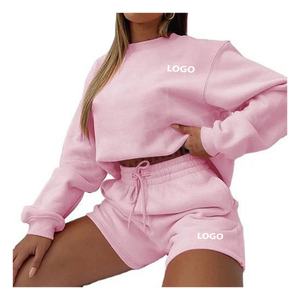 Cotton Women Custom Sweatsuit Training Jogging Wear 2 Piece Set Sportswear Oversized <b>Crewneck</b> Shorts Tracksuits Jogger Set - Product Image 6