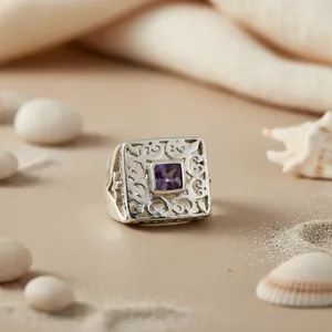 "Platinum-Cut Garnet Square Stone <b>Ring</b> for <b>Men</b>-925 <b>Silver</b> Fine Jewelry" - Product Image 2