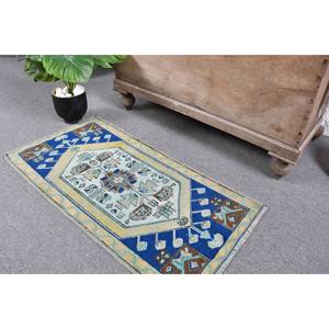 Classique Bleu Beige 1.7 X 3.4ft Vintage Tapis Turc À La Main Patchwork Conception Laine Bambou Soie Latex pour Salon Couloir Rectangle - Product Image 2