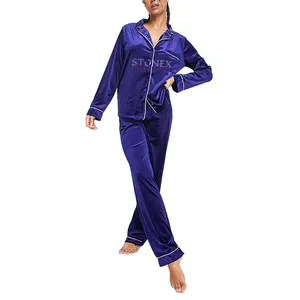 Safir mavi sıcak satış en kaliteli gecelik kontrast boru ile gece kadife uzun pijama seti