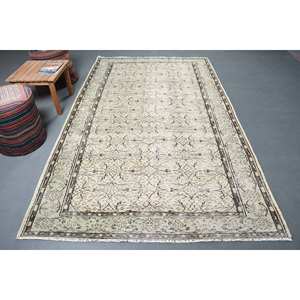 Alfombra clásica de lana turca Vintage Beige 5,5 X 9.2ft Boho Patchwork tejido plano para sala de estar o pasillo con respaldo de látex - Product Image 1