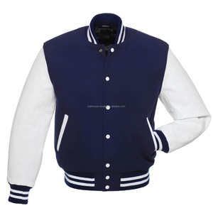 Veste universitaire unisexe bleu marine en laine avec manches en cuir blanc Broderie personnalisée Fermeture à bouton pression Stock prêt Printemps - Product Image 2