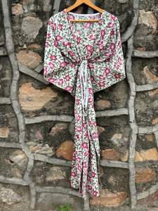 Maxi vestido de algodón orgánico para mujer, colección de verano hecha a mano, caftán rosa con estampado de bloques, caftán informal hasta el suelo - Product Image 2