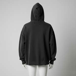 Sin bolsillo Sun Faded Cut Edge Custom Acid Wash Recortada Sudaderas con capucha Hombres Raw Hem Applique Parche desgastado Bordado Sudaderas con capucha - Product Image 3