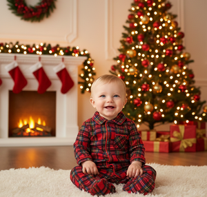 Mono de Bebé Festivo a Cuadros Rojos para Primavera, Diseño Clásico con Bolsillo en el Cuello, 100% Algodón Orgánico, Cierre con Broches, Mono Unisex con Pies - Product Image 5