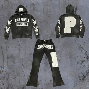 Fabricantes de ropa personalizado lavado con ácido Vintage bordado parches sudaderas con capucha peso pesado pierna ancha pantalón Sudadera con capucha y pantalones de chándal conjunto - Product Image 3