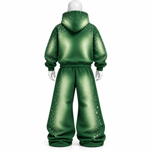Ensemble sweat à capuche zippé et pantalon de survêtement surdimensionné pour homme, personnalisé avec logo brodé, imprimé délavé à l'acide et strass, 100% coton, manches longues - Product Image 2