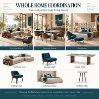 Ensemble de meubles modernes pour toute la maison en beige sable et vert sarcelle, canapé sectionnel, table à manger, chaises et lit capitonné