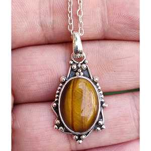 Handmade Boho Silver Necklace with Natural Tiger's Eye Pearl Sterling Silver <b>Locket</b> Pendant Chain Unique Gift for Her - Product Image 1