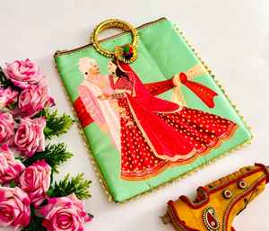 Cadeaux de mariage Haldi Mehendi faveurs mariée marié sacs-cadeaux pour les invités pochettes à fermeture éclair traditionnelles indiennes avec poignée de bracelet 9 pouces - Product Image 4