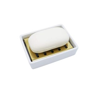 Jabonera de Cerámica con Soporte de Acero Inoxidable Dorado, Elegante Bandeja para Jabón de Baño - Product Image 6