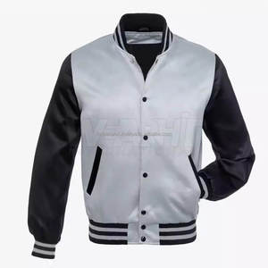 Stock de bombardiers de baseball gris noir en satin prêts à l'emploi blousons légers avec logo personnalisé pour hommes, vêtements décontractés et d'équipe - Product Image 1