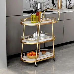 Custom 3 Display Marble Accent Barware Trolley organized For Serving Handmade Brass Gold Coated Royal luxurious Bar Trolley