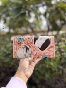 Pochette en cuir de fourrure de vachette véritable outillée à la main portefeuille à découper Vintage couleur Turquoise cartes de crédit en cuir portefeuille en espèces cadeaux - Product Image 2