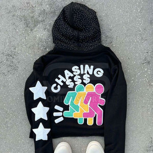 Cotton Blended <b>Men</b> Puff Print Hoodie Streetwear <b>Pullover</b> with Unique Embossed And Rhinestone Design - Product Image 5