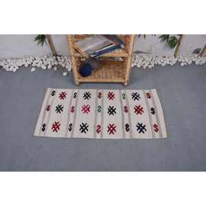 Modern <b>Vintage</b> Turkish <b>Rug</b> 1.7 X 3.5ft Beige Geometric Pattern Large Area Wool Seagrass Latex Backing for Hallway Room Decor - Product Image 1