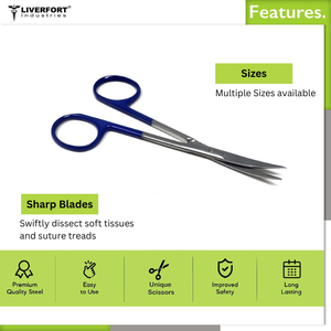 Ciseaux à micro dissection à iris en acier inoxydable de qualité supérieure 4.5 "CVD dentelé incurvé Super-Cut, pointe fine, anneaux bleus CE ISO - Product Image 3