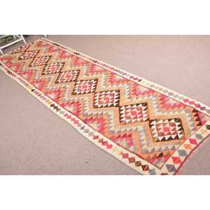 Tapis turc Kilim vintage 3,2 x 11,5 pieds, écologique, en laine patchwork orange avec envers en latex - Product Image 4