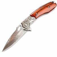 Couteau pliant Thunder en acier Damas, manche rouge, étui à motif plume, EDC, portable, pour camping, chasse, randonnée, kit d'outils de survie