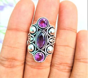 925 Sterling Silver Oval Cut Bezel Setting Amethyst Ring Unique Boho Style Gemstone Jewelry for Wedding and Party - Product Image 1