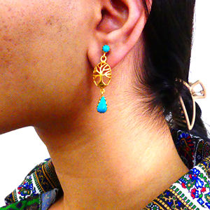 Atractiva Plata de Ley 925 chapada en oro forma de gota piedras preciosas turquesas elegantes pendientes colgantes de moda - Product Image 5