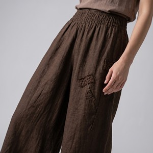 Pantalon ample avec ceinture élastique et fleur décorative, 100% lin, taille unique (tailles 38-44) - Product Image 2