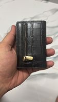Dompet kartu kredit kulit asli, dompet pemegang kartu kredit/klip/tombol penutup, logam ramping RFID cerdas panjang pendek