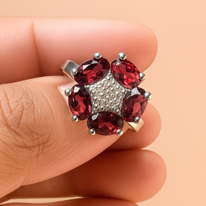 Women's Trendy Flower Shape <b>Garnet</b> Gemstone Engagement Wedding <b>Ring</b> 925 <b>Silver</b> Rhodium Plated Rhaya Jewels Anniversary Party - Product Image 1