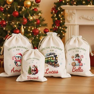 Personalized Cute Snowman <b>Drawstring</b> <b>Canvas</b> Gift <b>Bag</b> Special Delivery for Kids and Family for Christmas Parties - Product Image 1