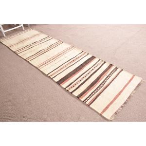 2.6x9 ft Runner Turkish Rug, Vintage Rug, White <b>Brown</b> Geometric <b>Wool</b> Rug - Product Image 3
