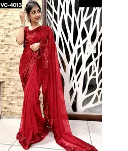 Indian Ethnic Wear Premium Georgette with Embroidery Sequins Work Saree with Blouse Pieces for Women Wear Party Wear Saree suit